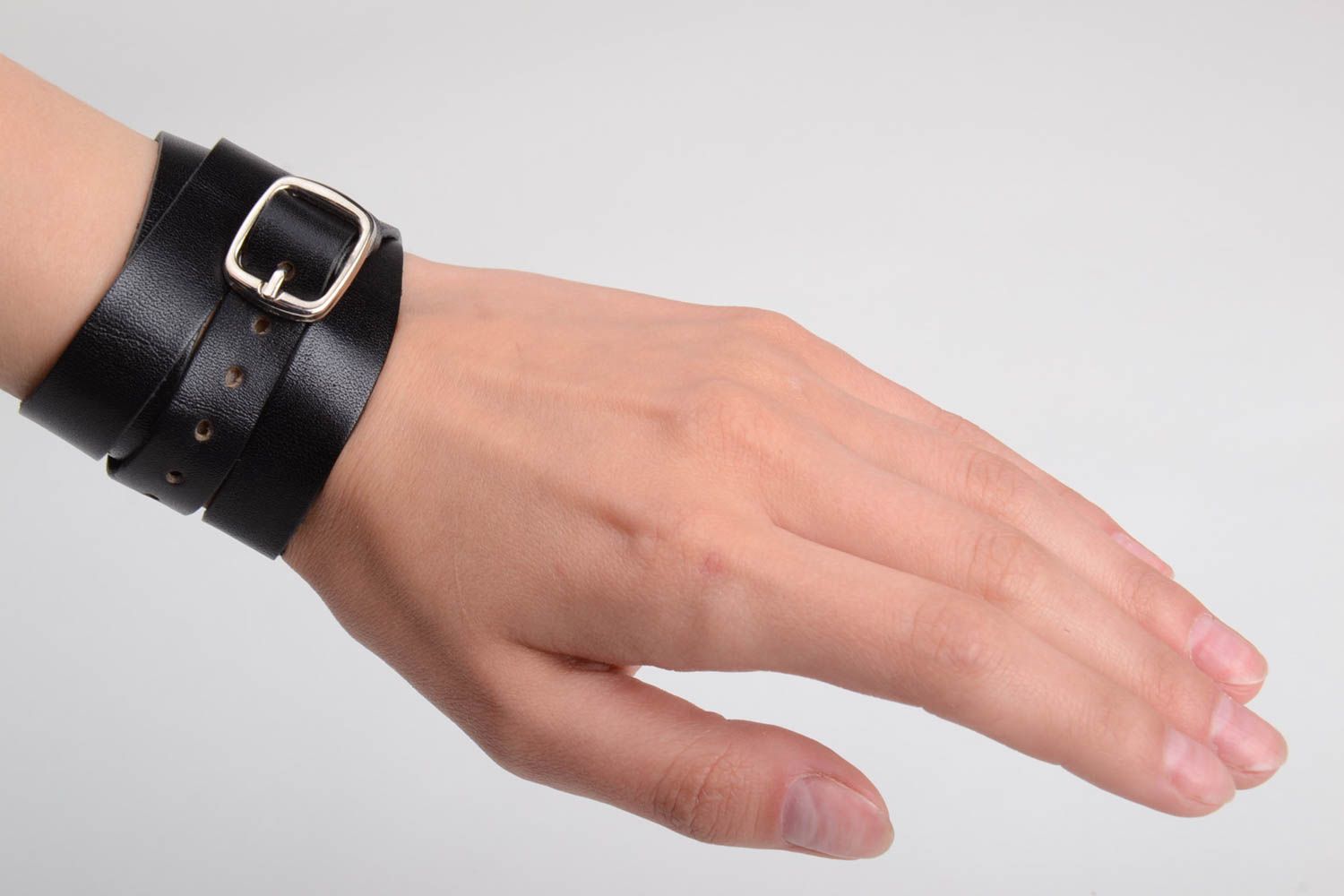 Black genuine leather wrist bracelet of adjustable size handmade unisex photo 2