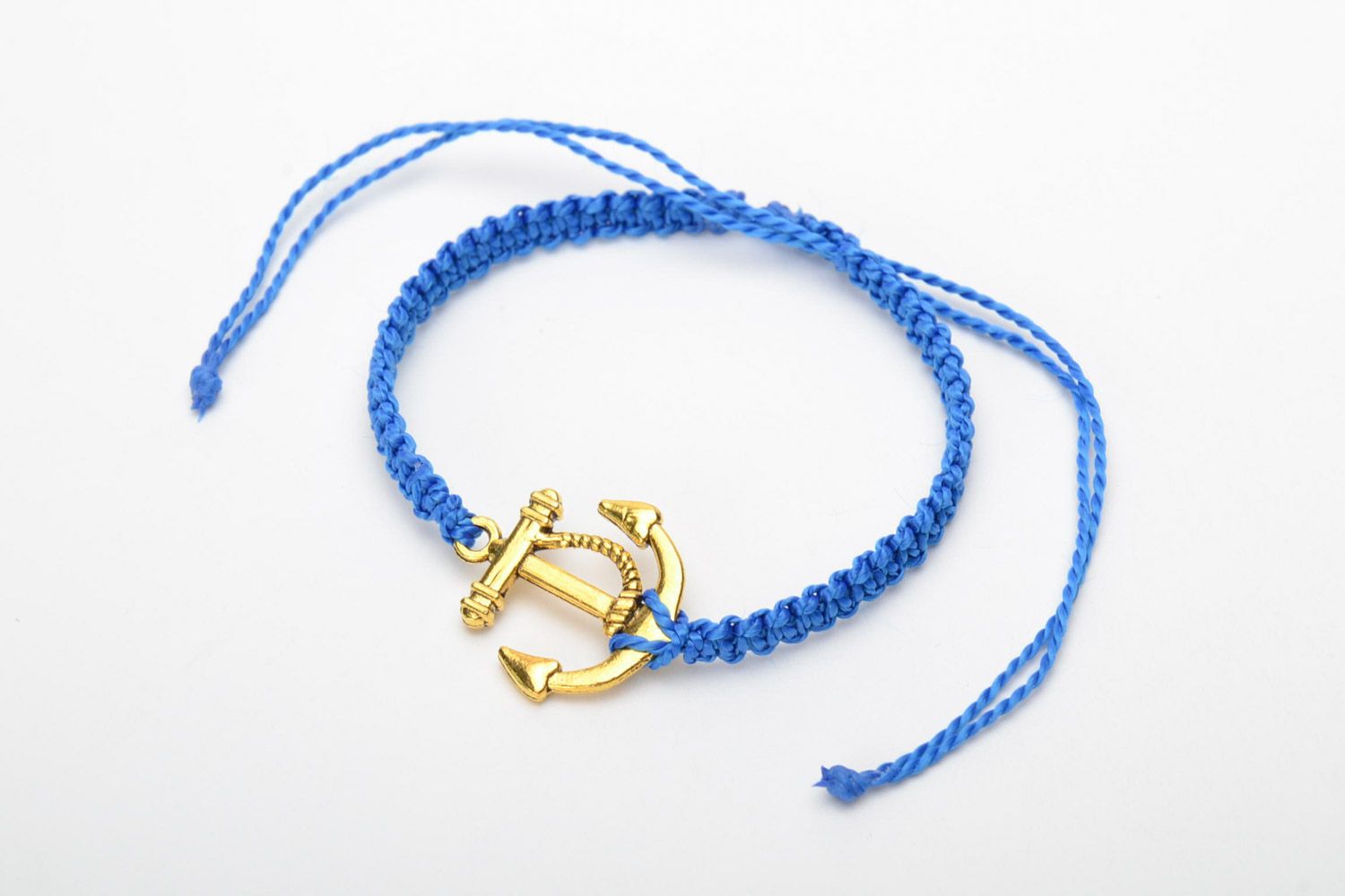 Handmade blue macrame woven cord bracelet with anchor charm photo 3