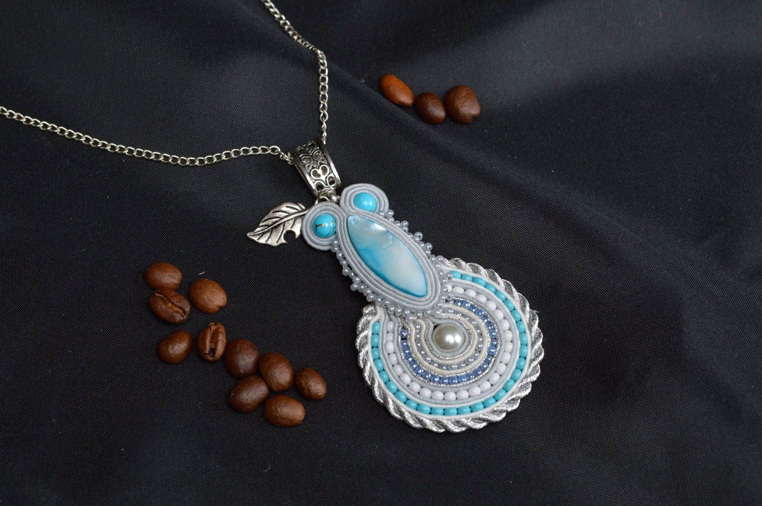 Handmade unusual pendant soutache designer accessory jewelry with pearls photo 1