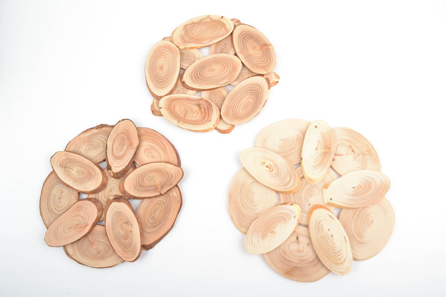 Set of 3 handmade eco friendly wooden trivets of different sizes for hot pots photo 3