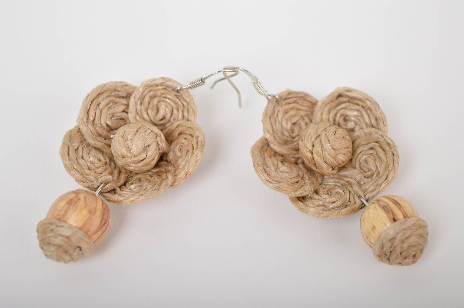 Unusual handmade flower earrings cord earrings with beads gifts for her photo 3