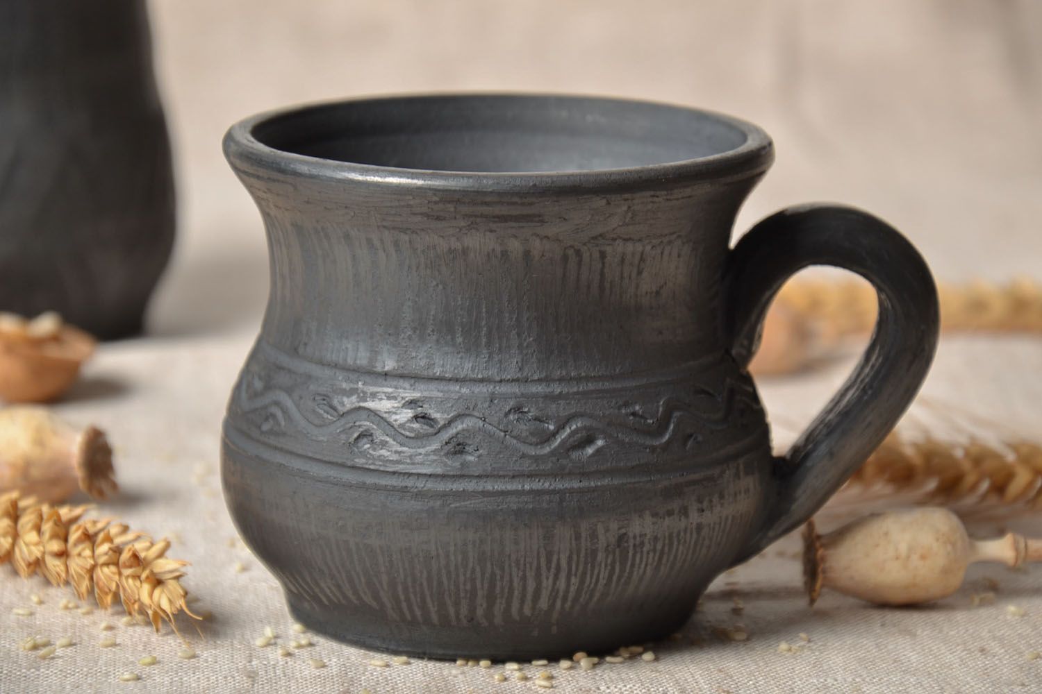 Black natural smoked lead-free clay coffee cup in jug shape with handle photo 1