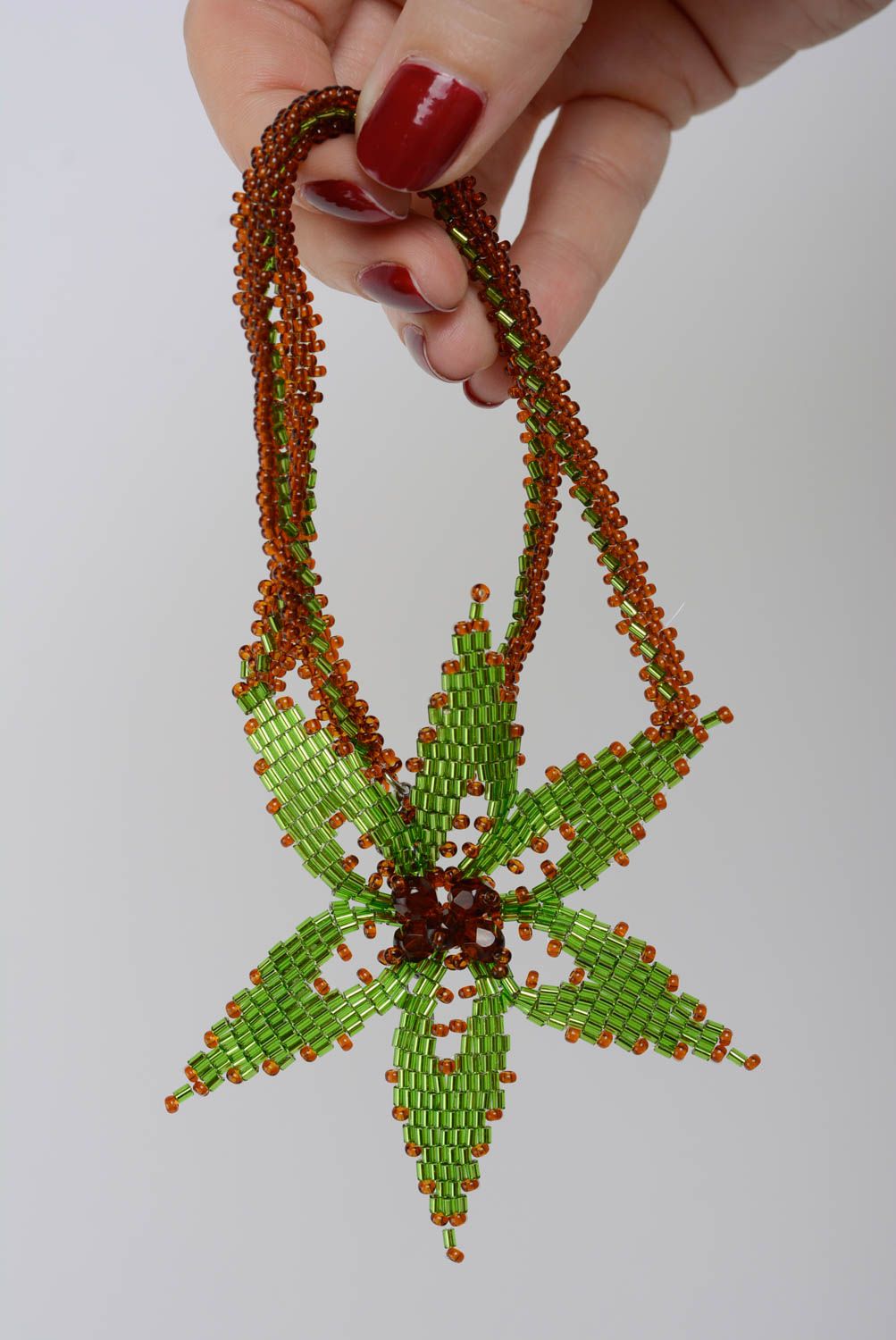 Unusual beautiful handmade woven beaded pendant with flower of lime color photo 4