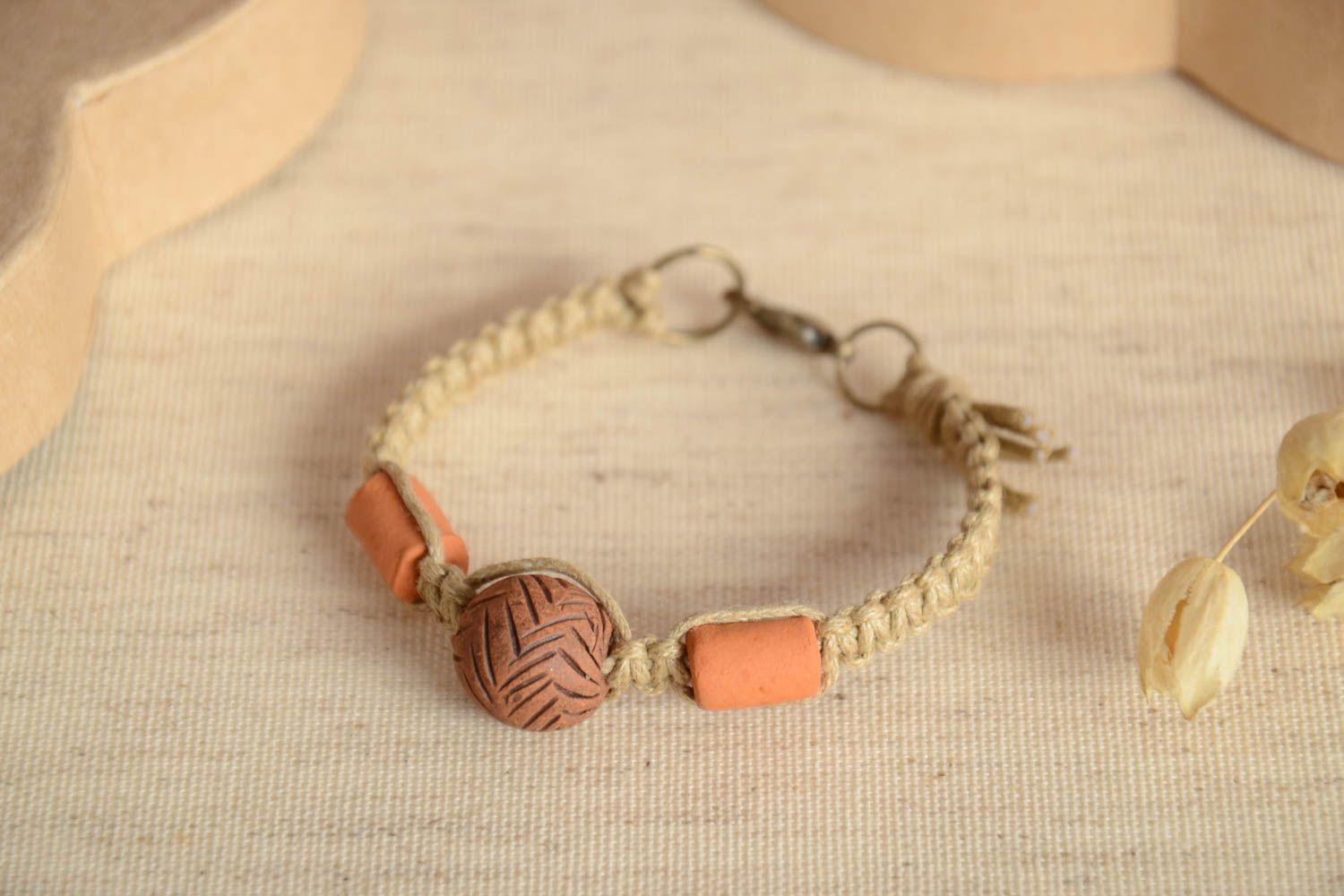 Handmade woven wax cord bracelet ceramic bracelet wrist bracelet with clay beads photo 2