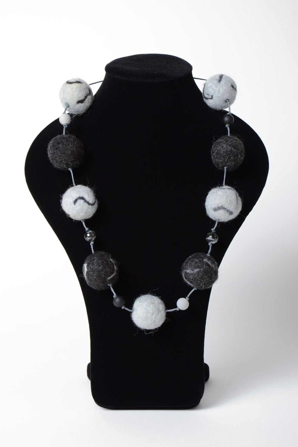 Designer handmade beaded necklace of wool using the technique of felting gray and black photo 5