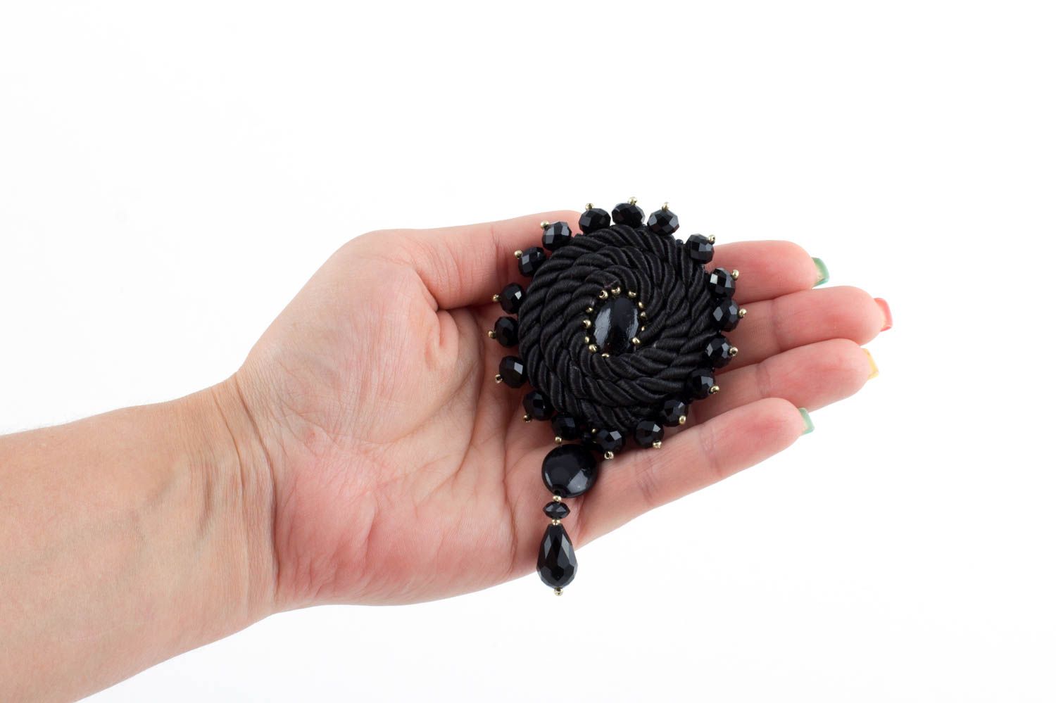 Handmade black agate and crystal bead brooch on leather basis for fashionista photo 5