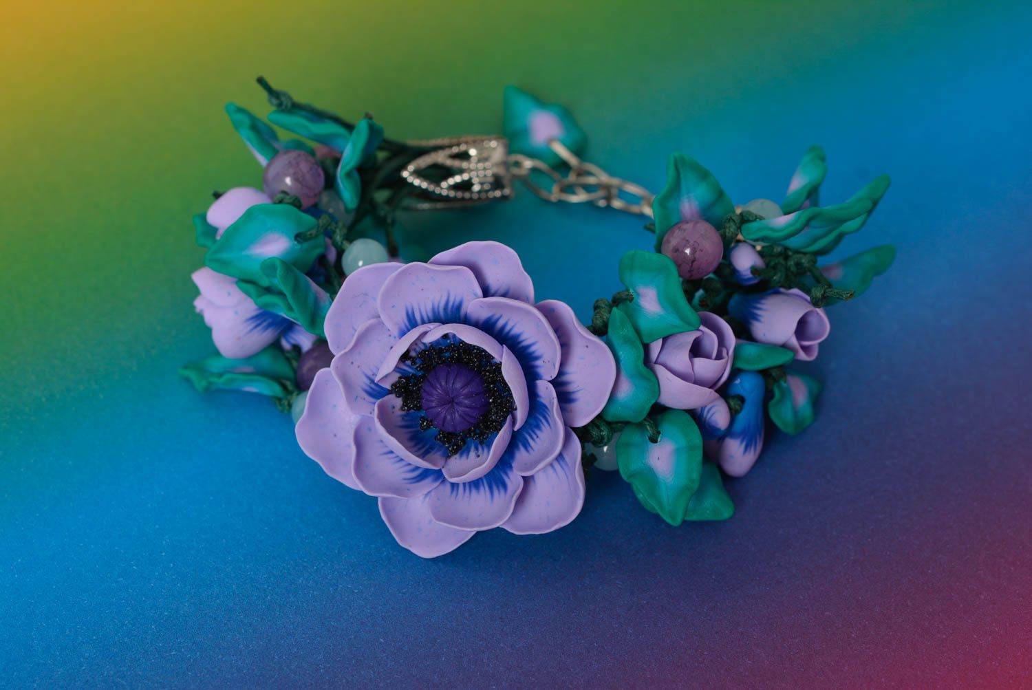 Handmade designer wrist bracelet with blue volume polymer clay flowers photo 3