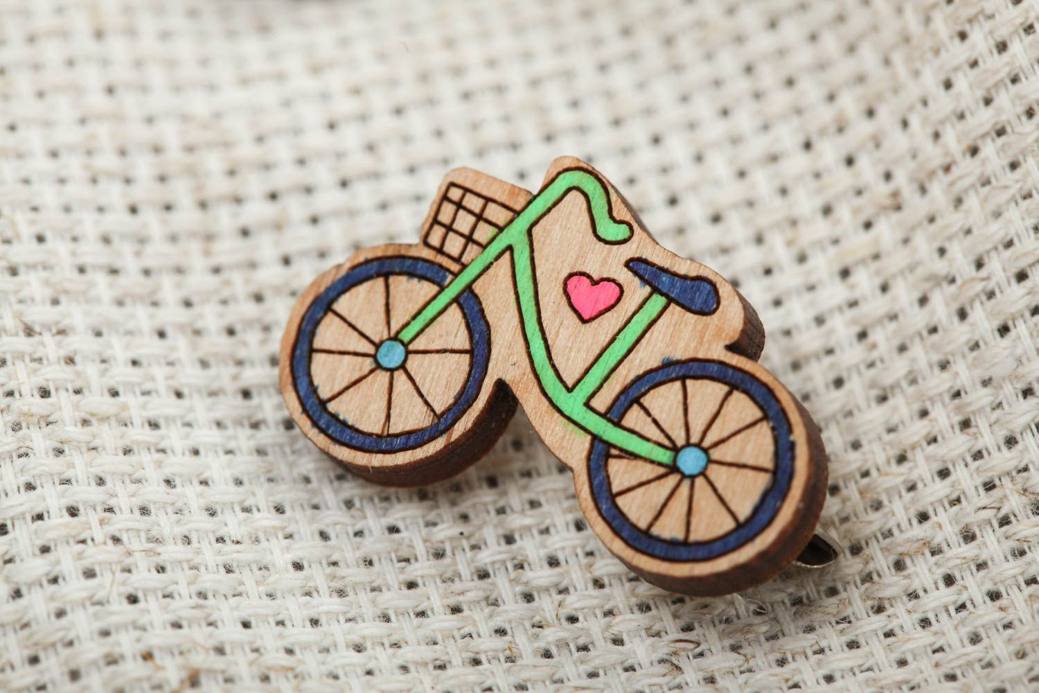 Handmade designer plywood brooch painted with acrylics in the shape of bicycle photo 1