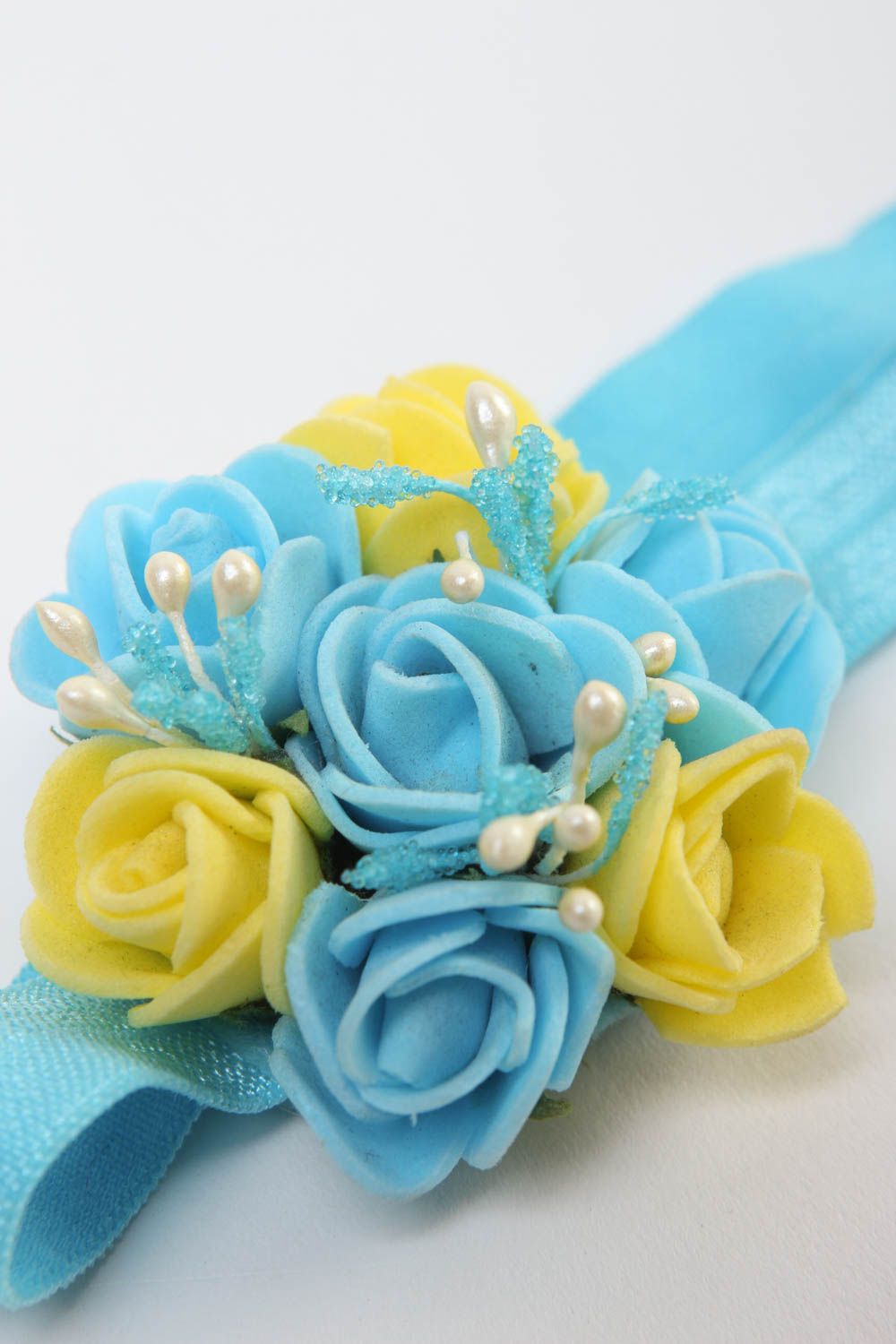 Handmade Haarband mit Blumen Accessoires für Haare Blumen Haarband hellblau fein foto 4