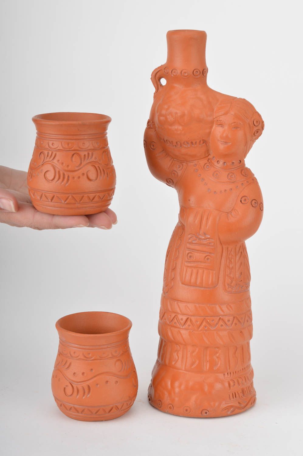 Set of handmade terracotta drinking wine set with two cups with no handles and 25 oz ceramic bottle photo 3
