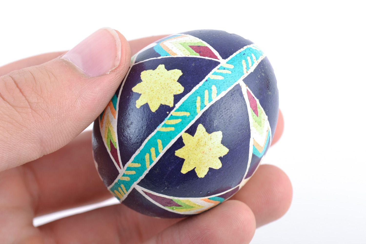 Beautiful handmade painted chicken Easter egg blue with patterns photo 2