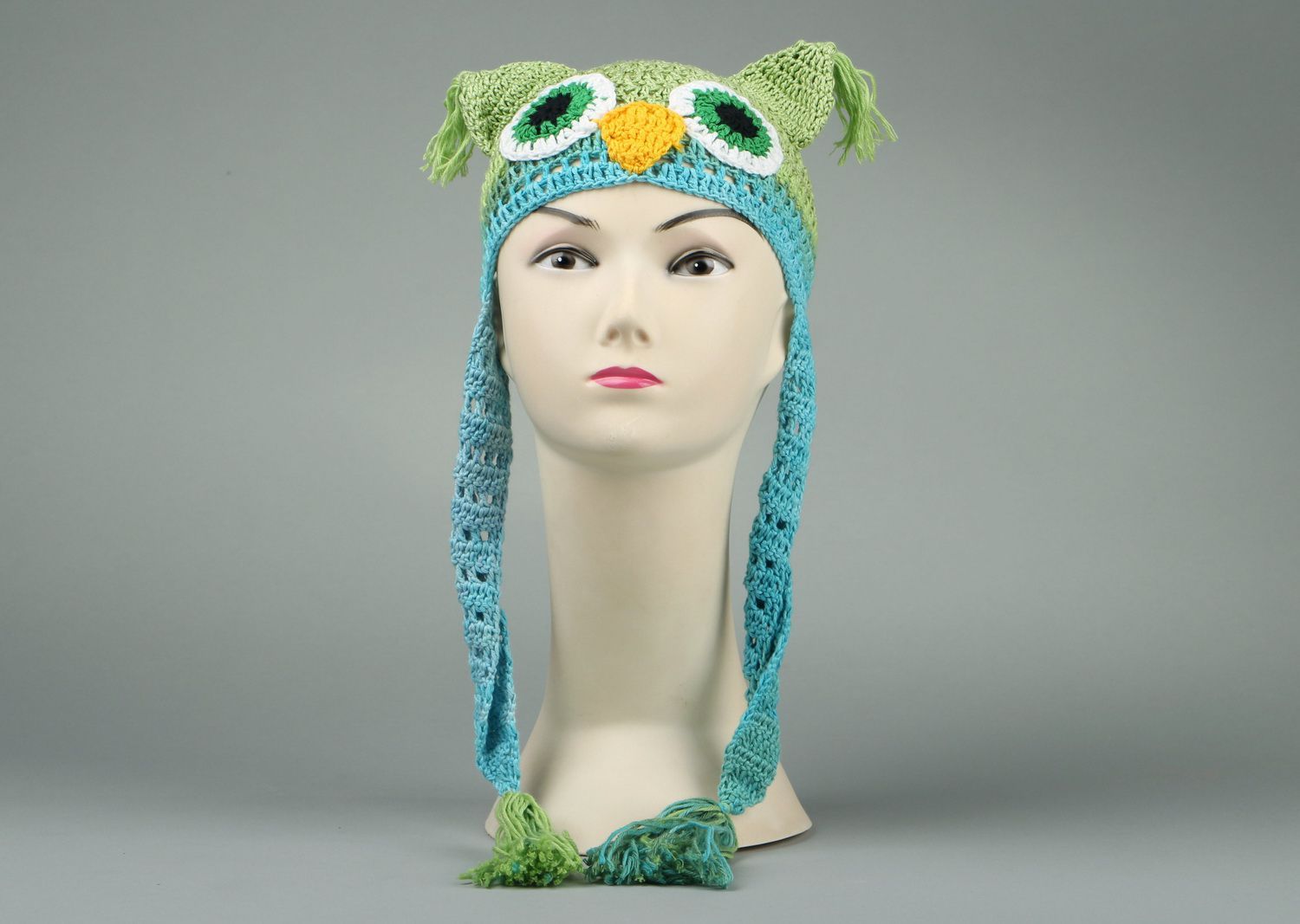 Hat crocheted from cotton threads Owl with ear flaps photo 2