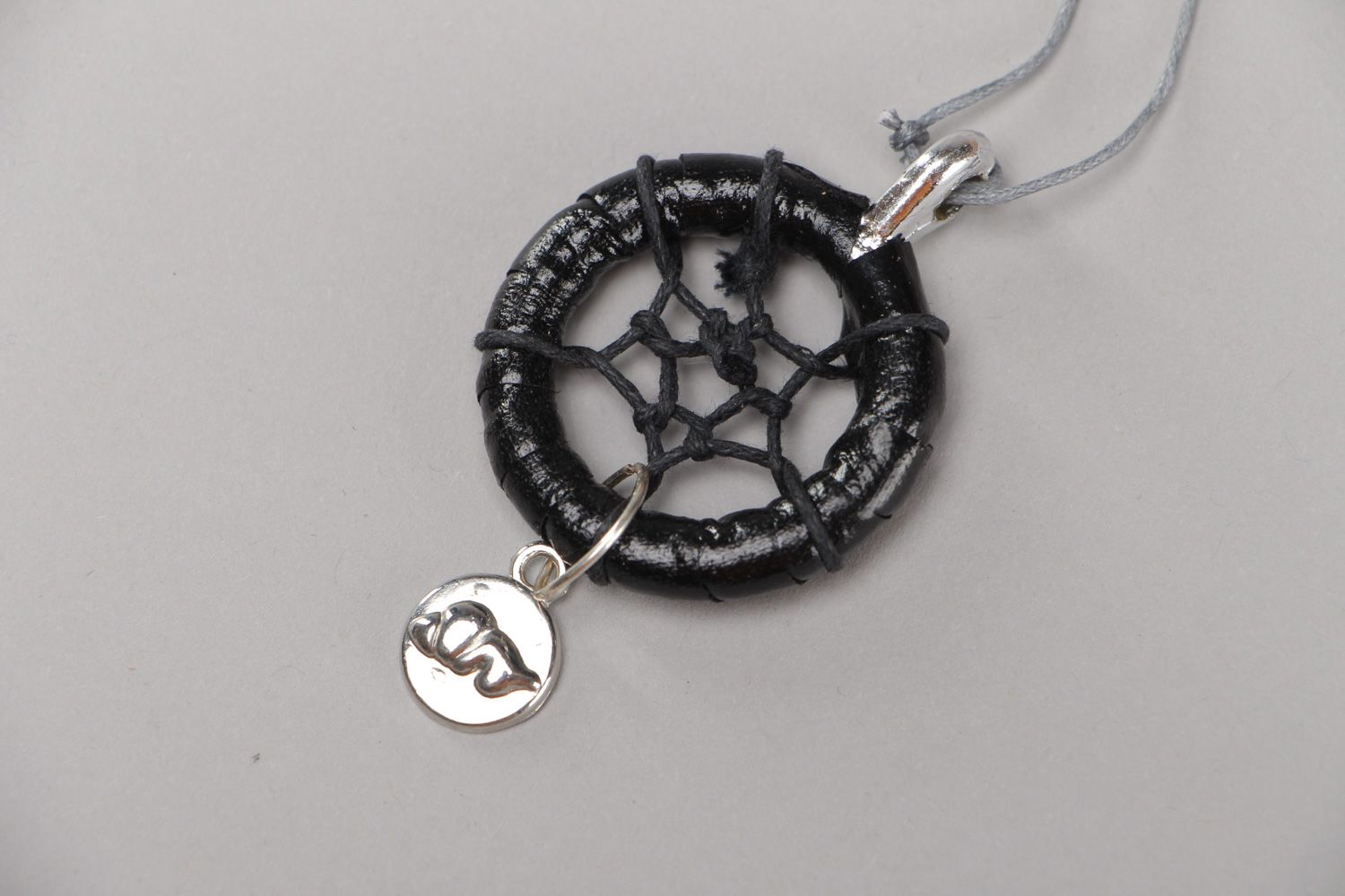 Handmade dreamcatcher amulet pendant necklace woven of black cords for women photo 2