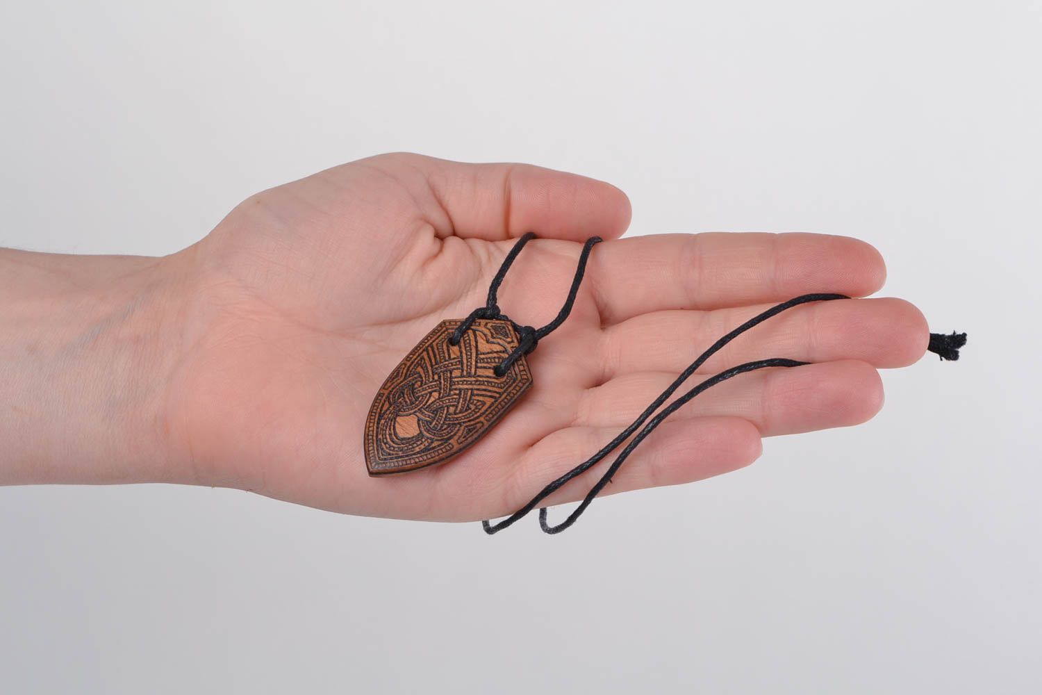 Handmade ethnic wooden pendant necklace on waxed cord ornamented with pyrography photo 2