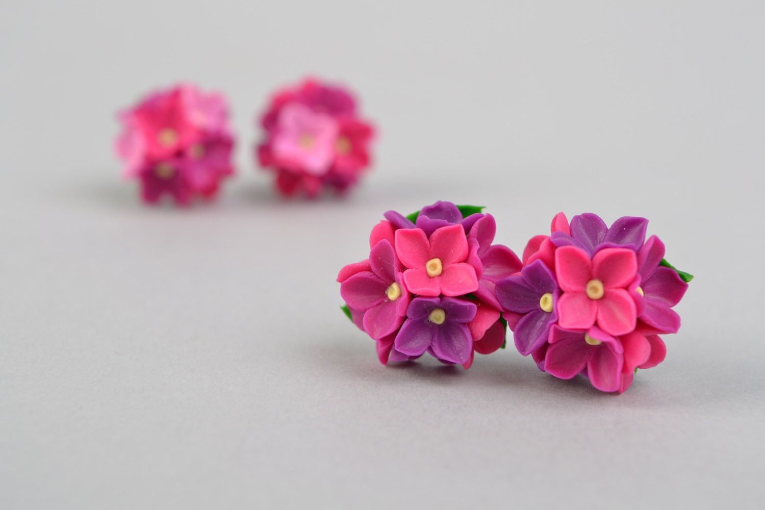 Handmade polymer clay lilac and violet floral stud earrings set of 2 pairs photo 4