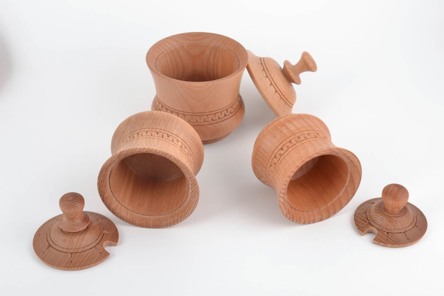 Botes de madera tallados para productos a granel con tapas 3 piezas artesanales foto 3