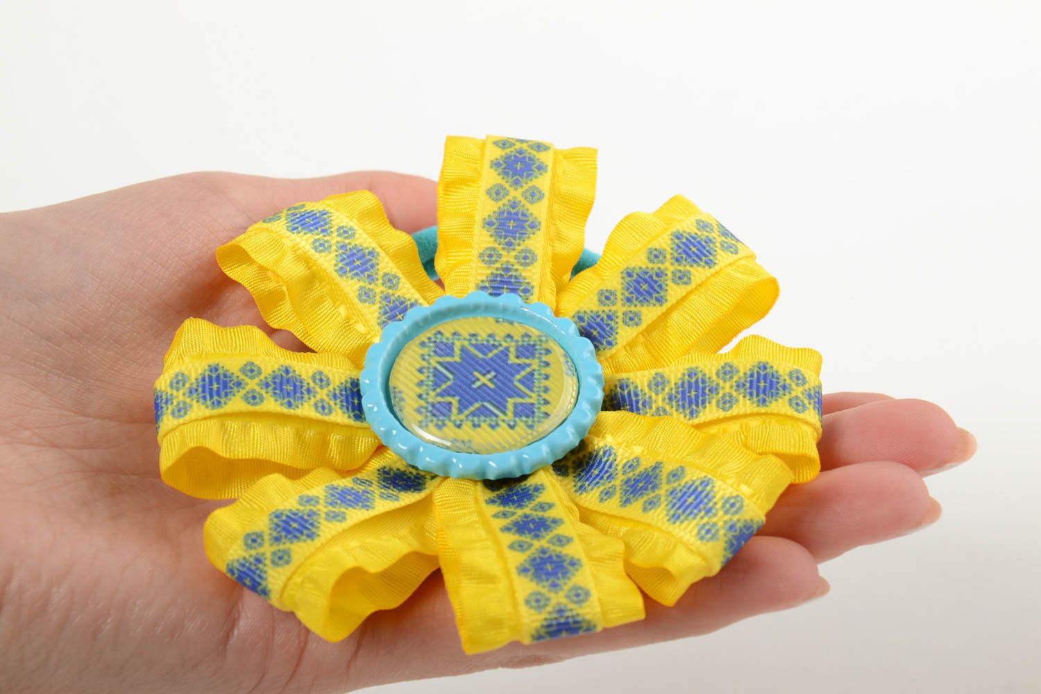 Yellow scrunchy made of rep ribbons for girls handmade large hair barrette photo 5