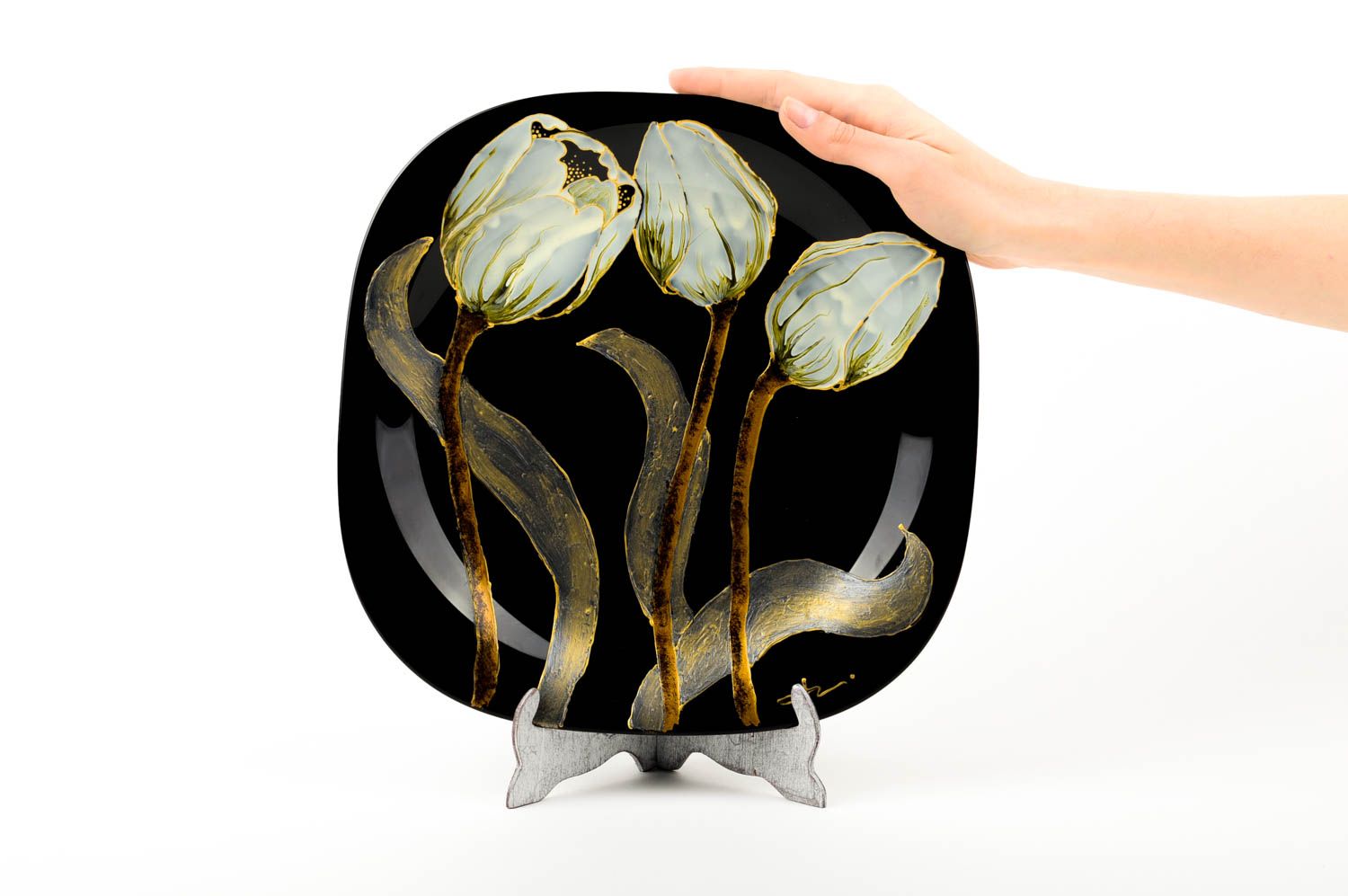 Plato de cristal hecho a mano vajilla moderna utensilio de cocina con tulipanes foto 2