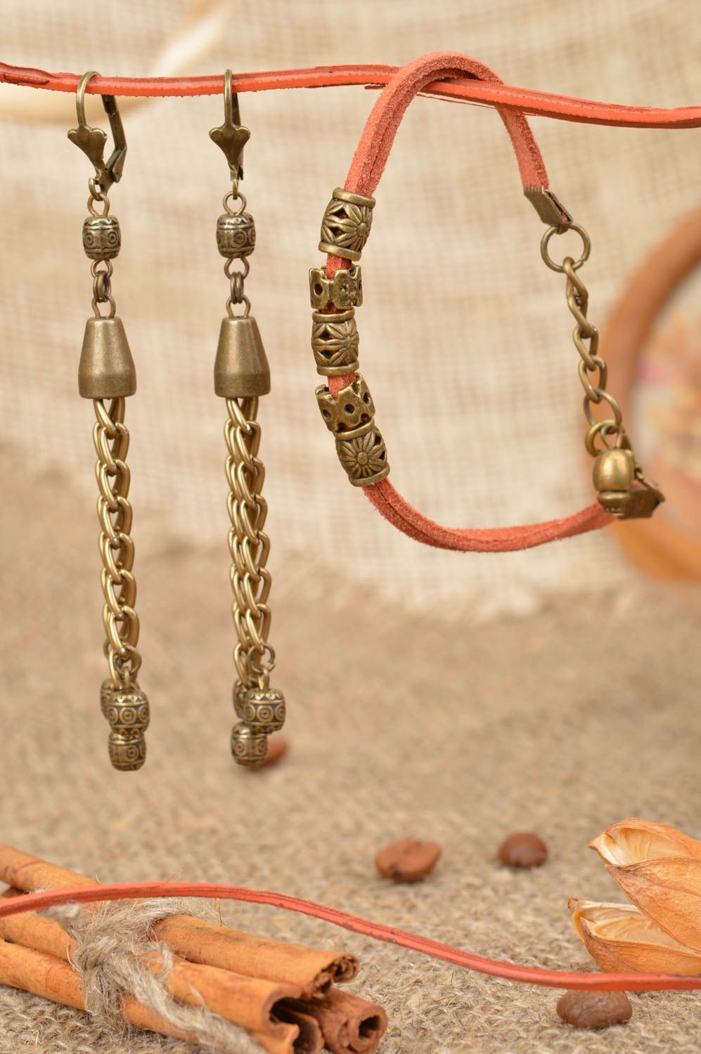 Set of handmade jewelry suede cord bracelet and metal dangle earrings Waterfall photo 1