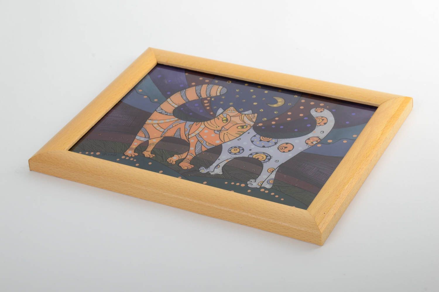 Cuadro al óleo artesanal moderno en marco de madera pequeño original Gatos foto 2