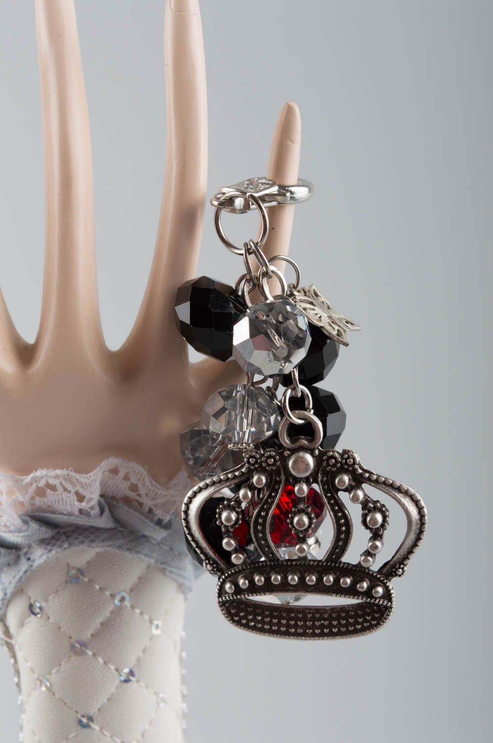 Handmade keychain made of glass beads with charm in shape of crown for girls photo 2