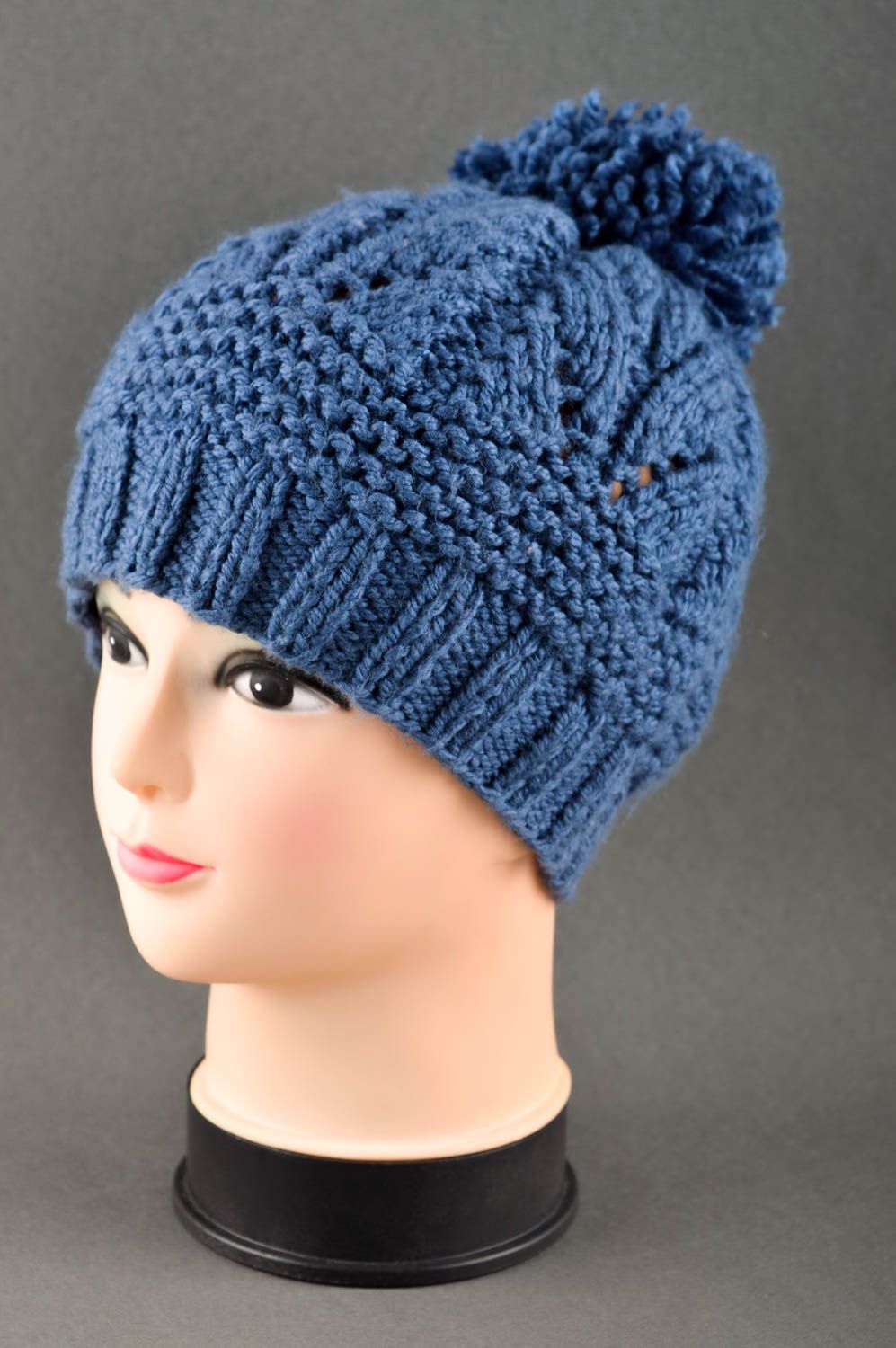 Handmade blue cap with pompon unusual knitted cap winter warm hat for women photo 1