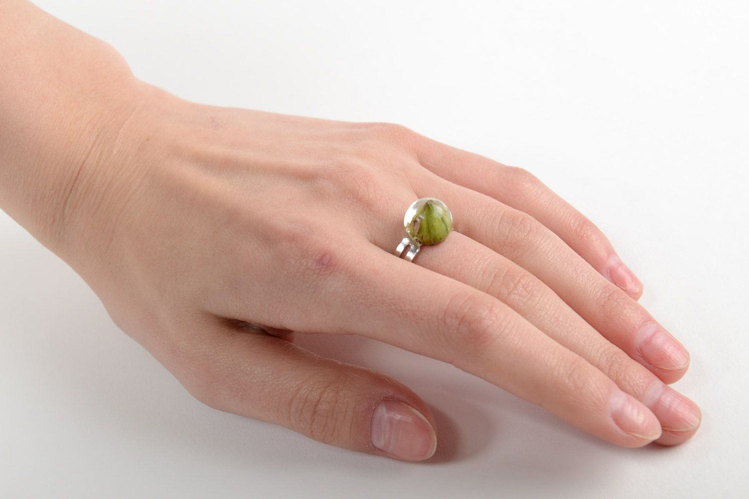 Tender small handmade ring with natural plant green leaf in epoxy resin  photo 2
