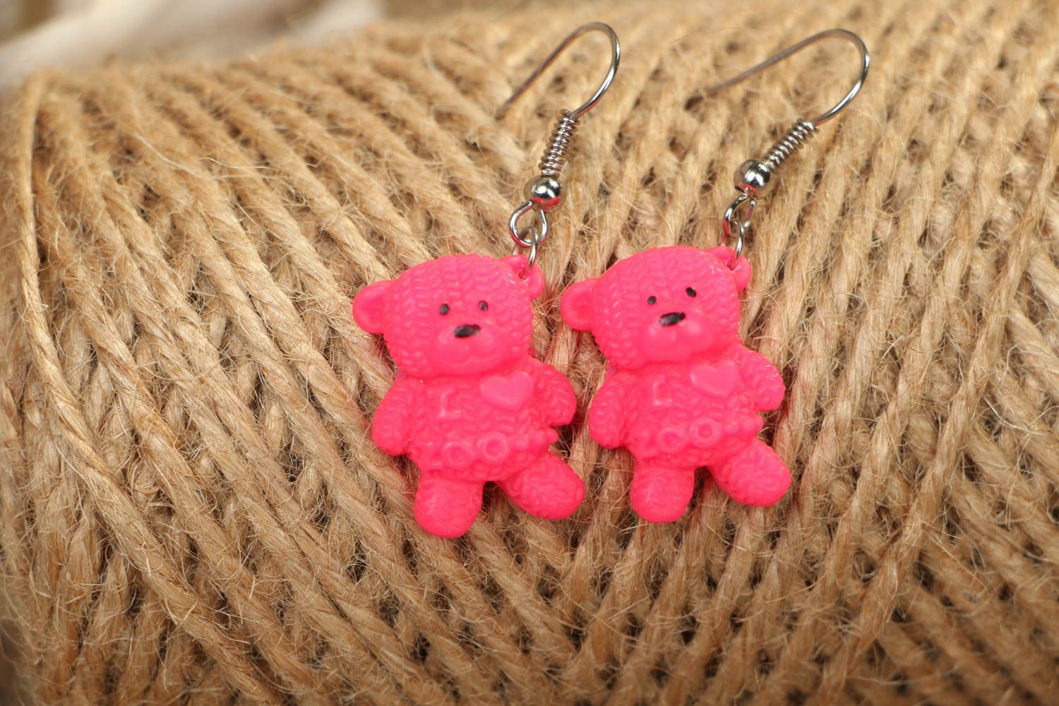 Polymer clay earrings in the shape of pink bears photo 5