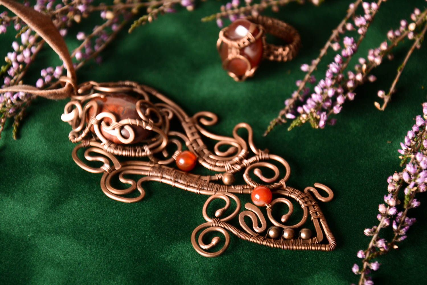 Parure de Bijoux en cuivre faite main Boucles d'oreilles pendentif avec pierres photo 1