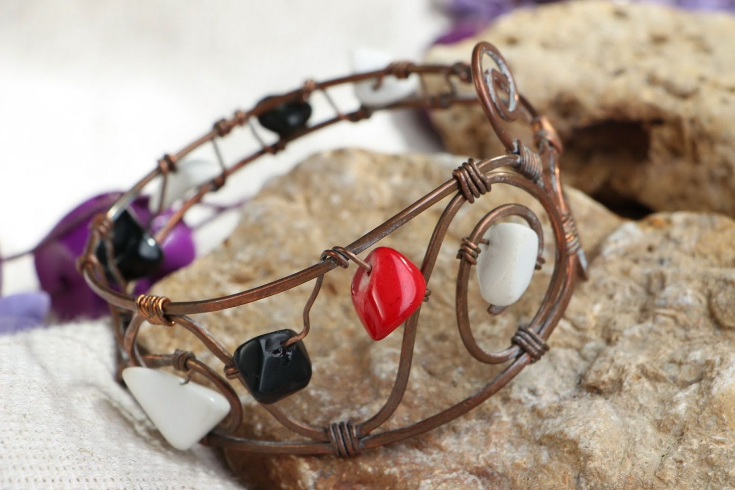 Copper bracelet with natural stones photo 1