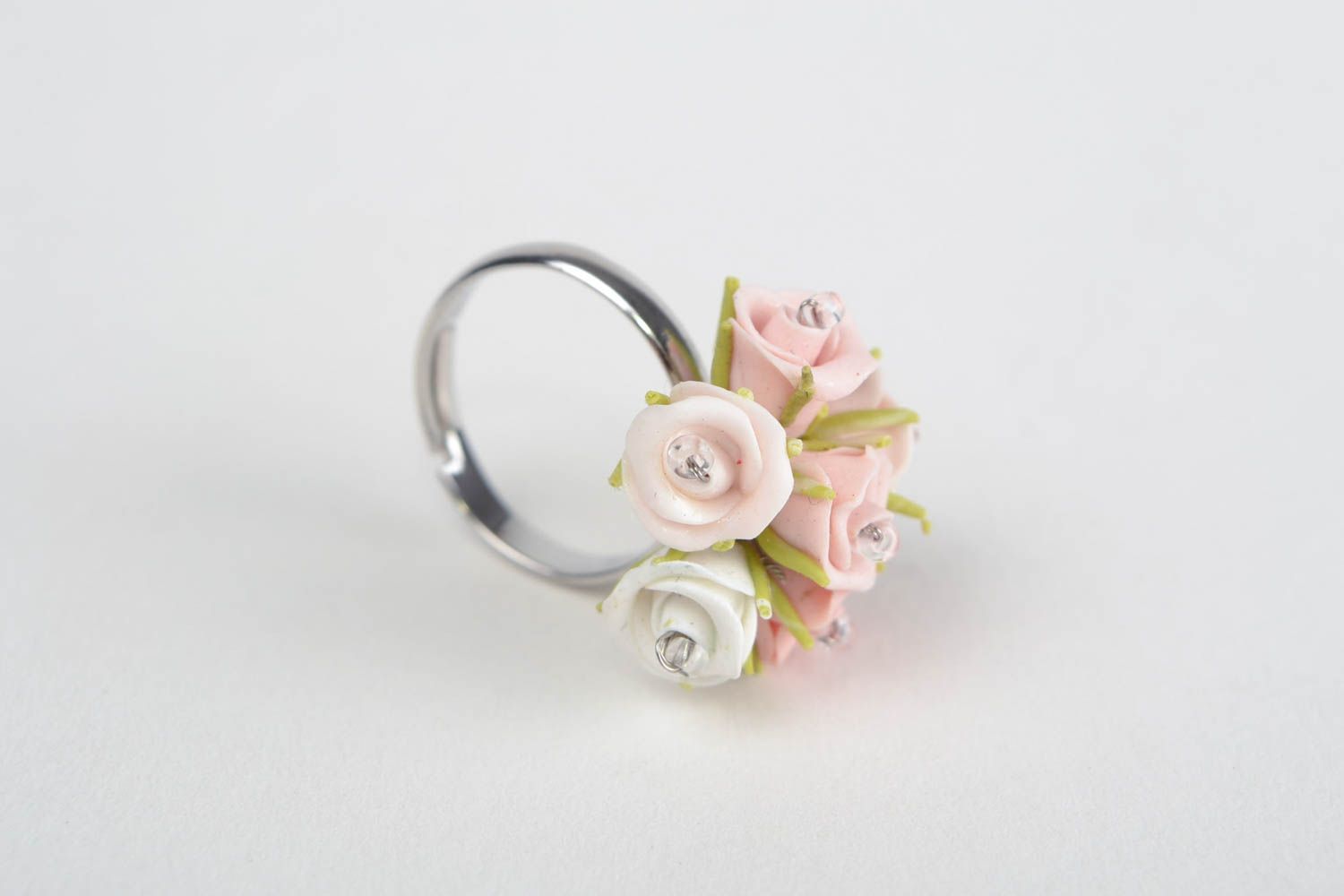 Handmade designer large volume polymer clay floral ring on metal basis photo 4