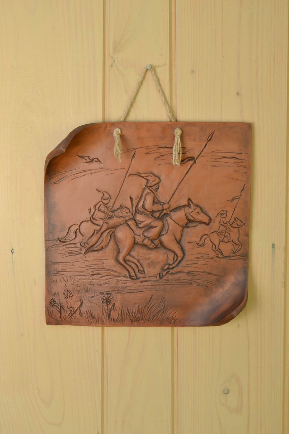 Unusual handmade brown clay wall panel kilned with milk decorative wall hanging photo 1