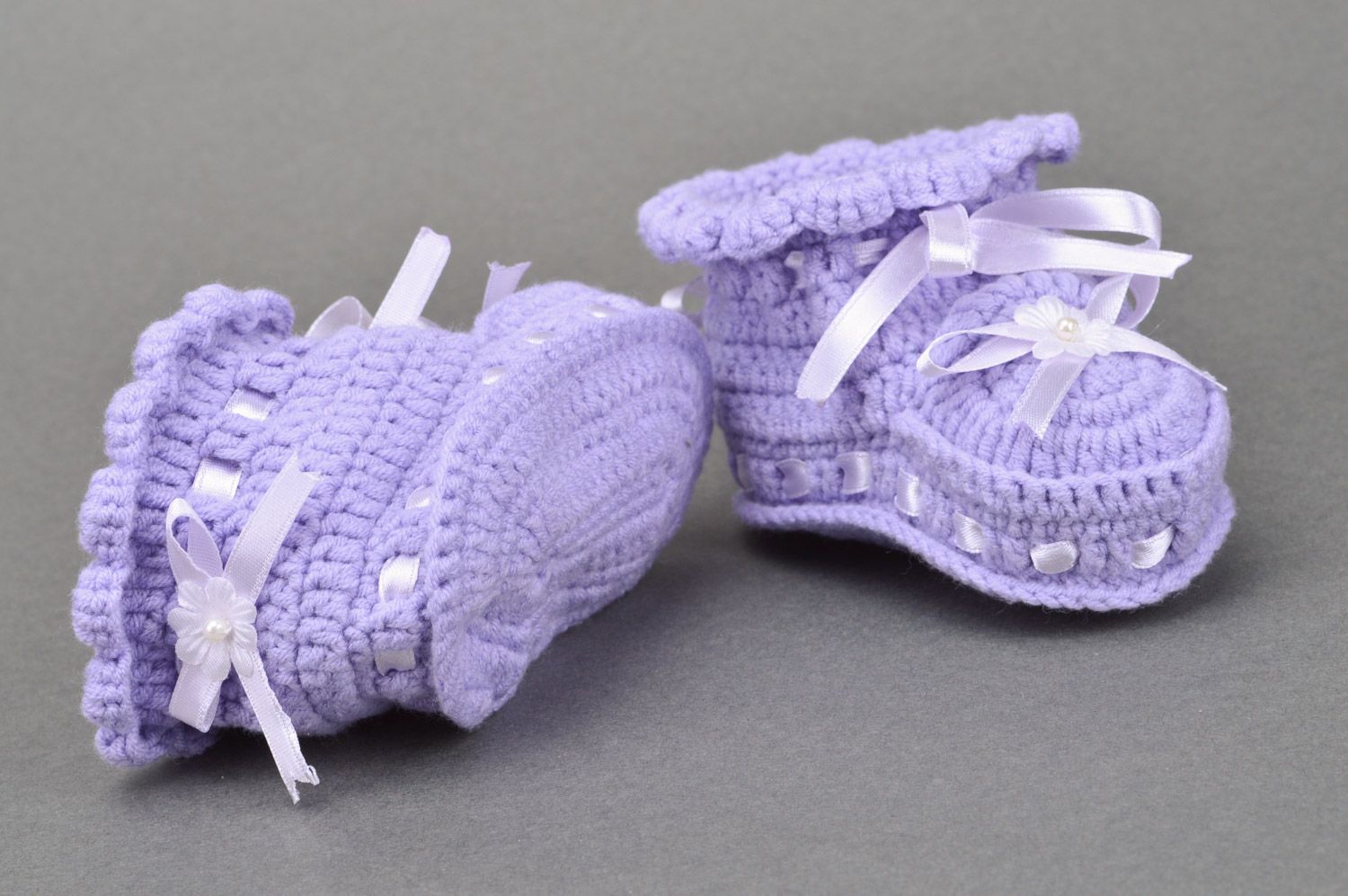 Summer small handmade booties for a baby-girl with a lilac satin ribbons photo 5