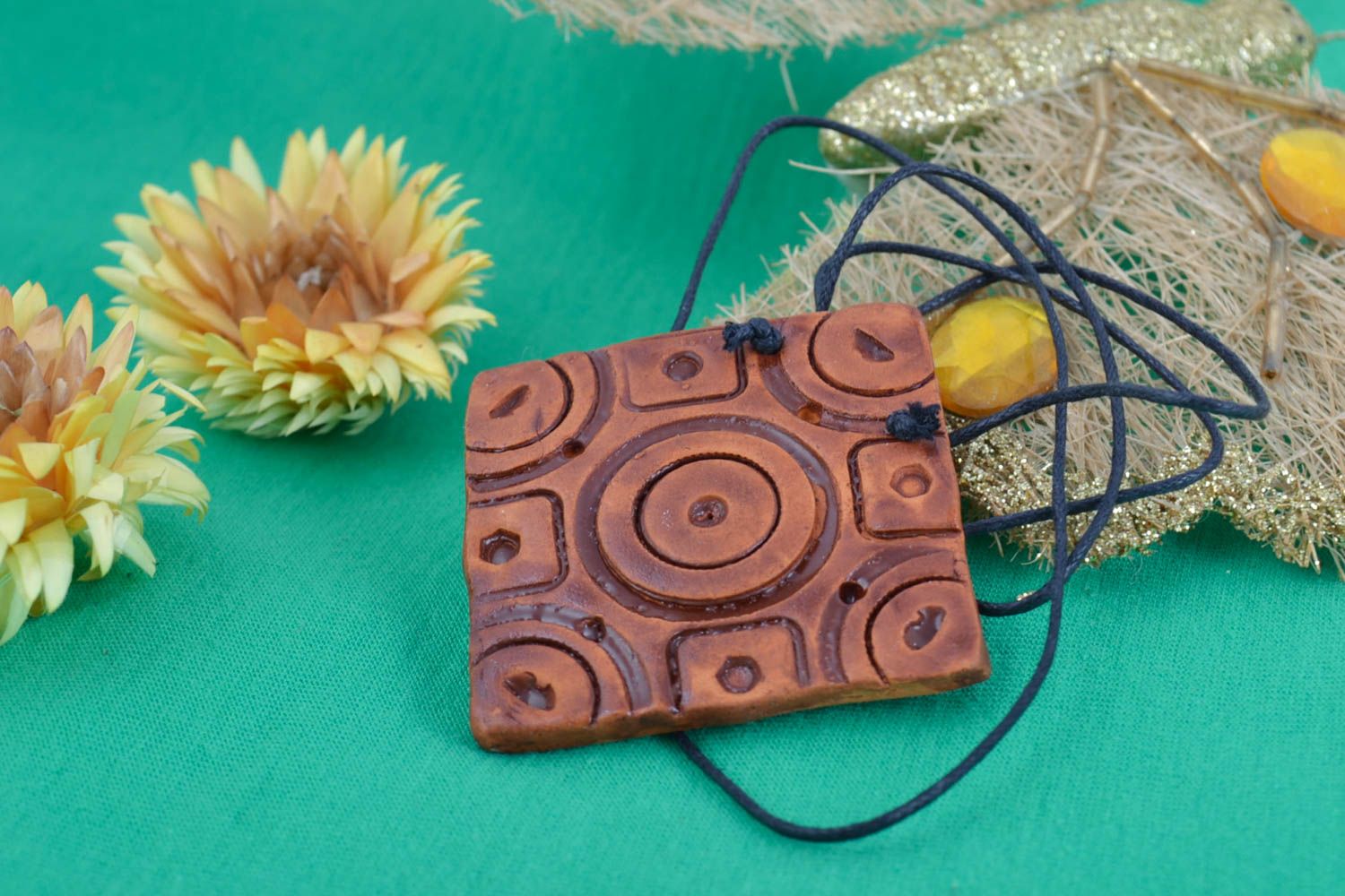 Handmade stylish designer ceramic square pendant with patterns on long cord photo 1