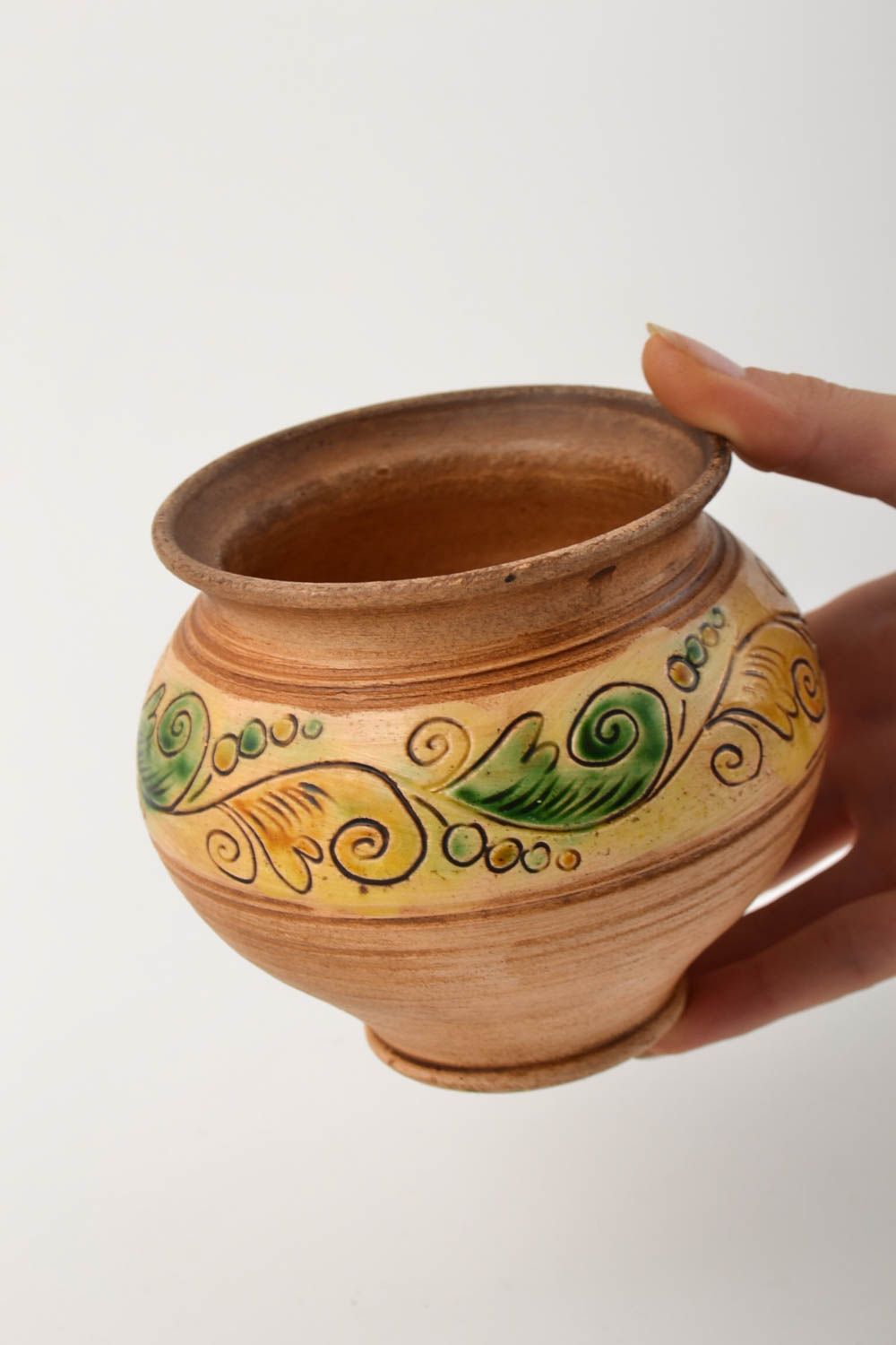 Keramik Topf handmade Ton Geschirr Küchen Zubehör 400 ml mit Bemalung schön foto 5