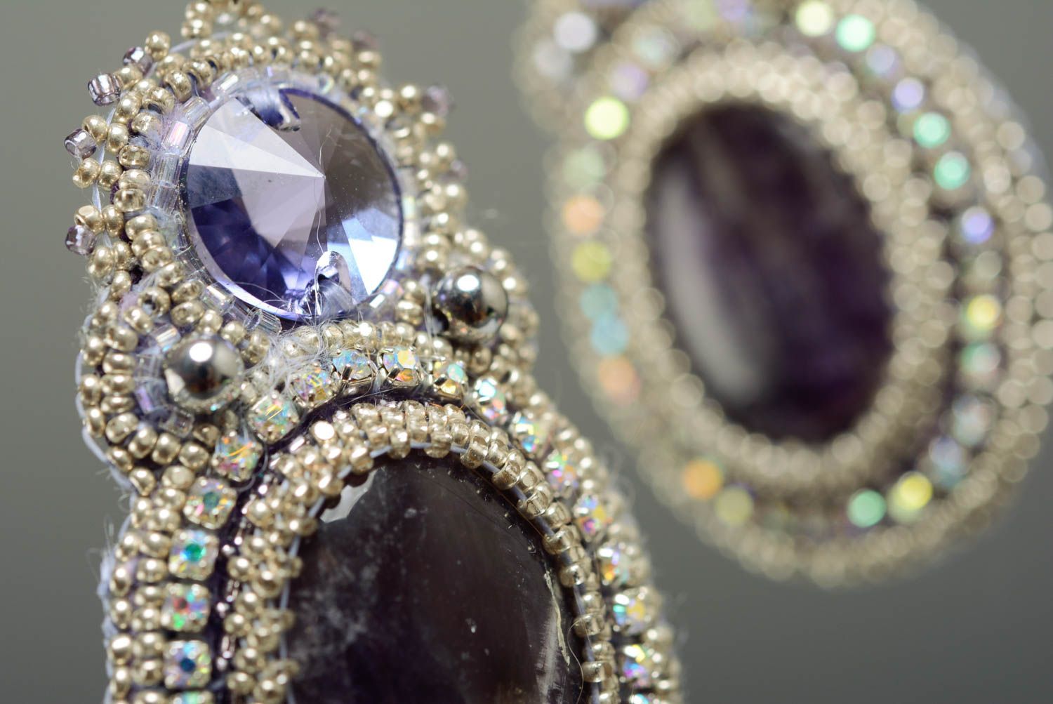 Beaded long earrings with natural stones oval dark elegant handmade jewelry photo 2