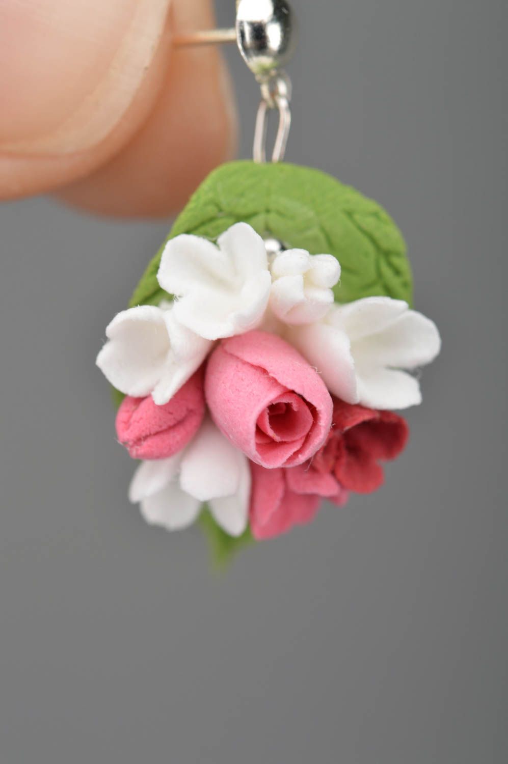 Handmade earrings made of polymer clay leaves with flowers summer accessory photo 3