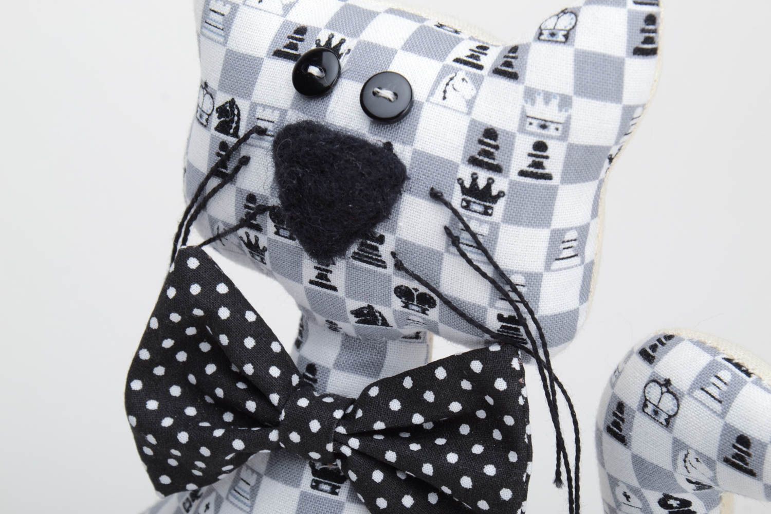 Handmade designer black and white cotton soft toy cat with polka dot bow tie photo 3