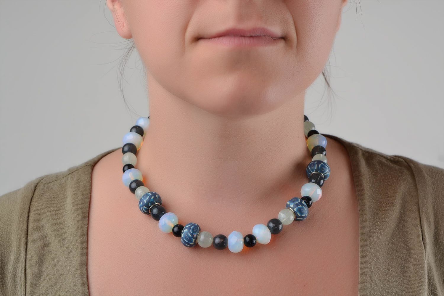 Beautiful blue handmade designer thin glass bead necklace with natural stone photo 2