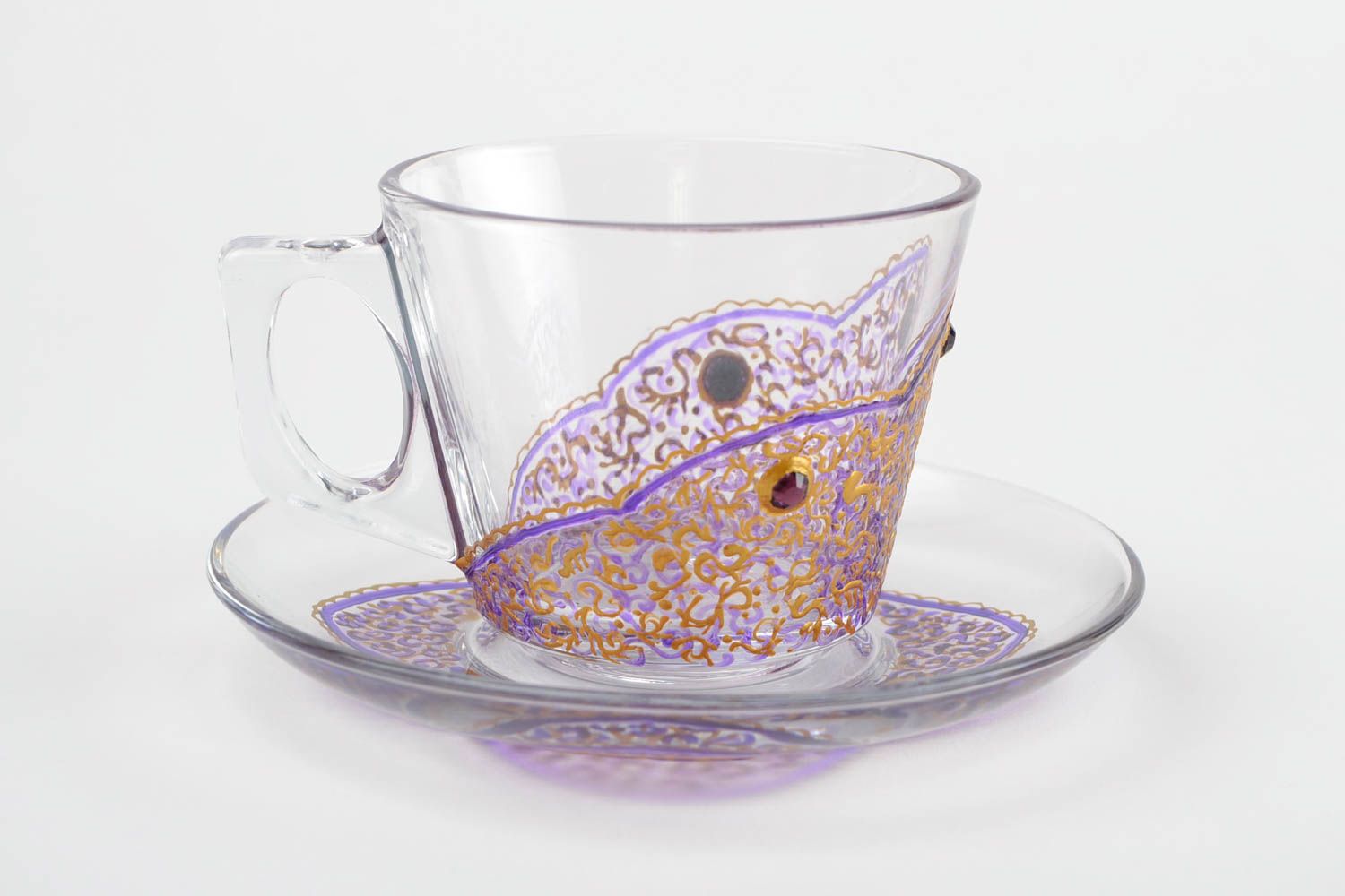 Clear glass 6 oz teacup with saucer and handle. Purple and gold pattern photo 1