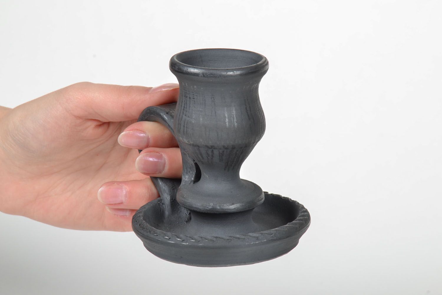 5 inch handmade black clay ceramic candlestick holder 0,61 lb photo 5