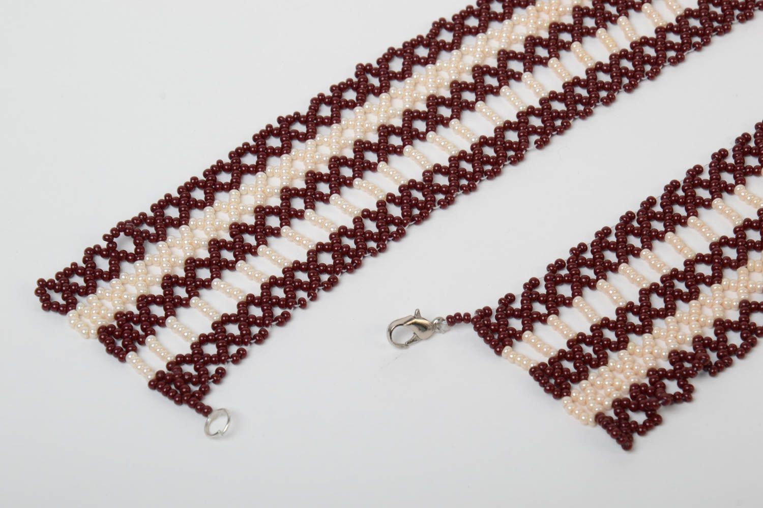 Brown and beige handmade designer wide necklace woven of Czech beads photo 3