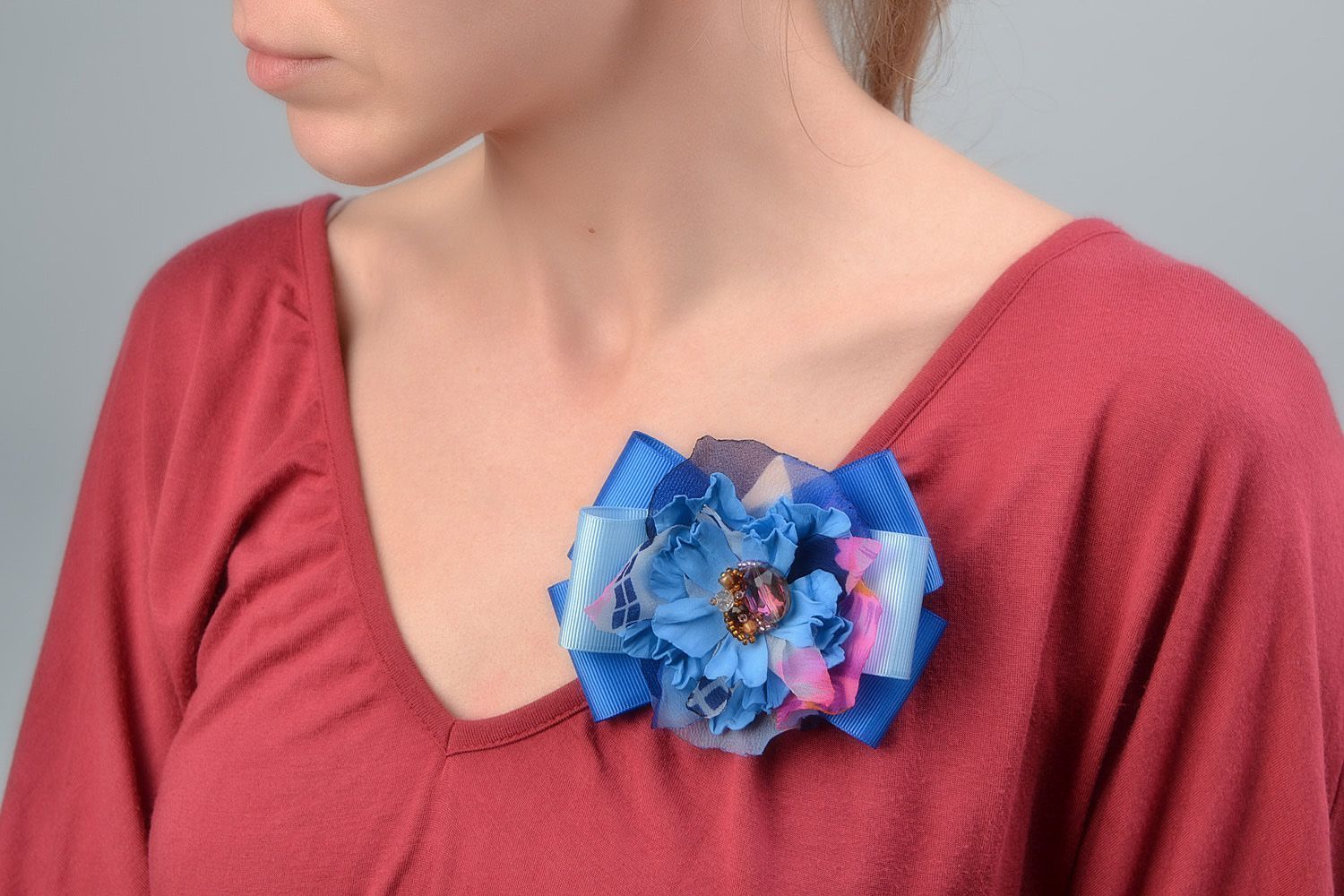 Blue handmade foamiran and ribbon brooch hair clip in the shape of bow with flower photo 1