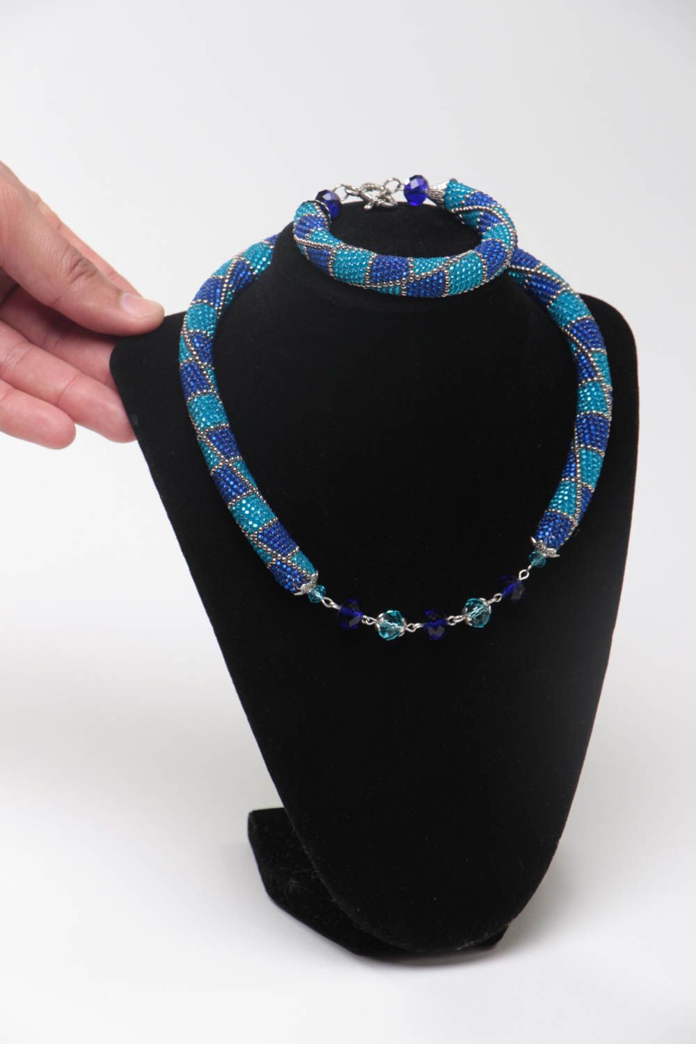 Set of handmade bead woven jewelry in blue color necklace and wrist bracelet photo 5