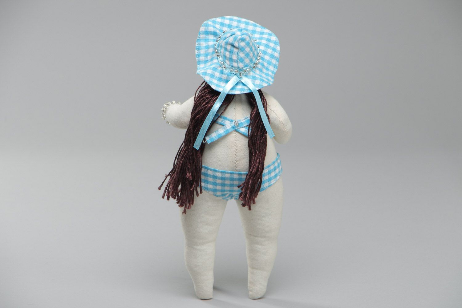 Handmade soft toy sewn of cotton and linen fabric Girl in Blue Swimming Suit photo 4