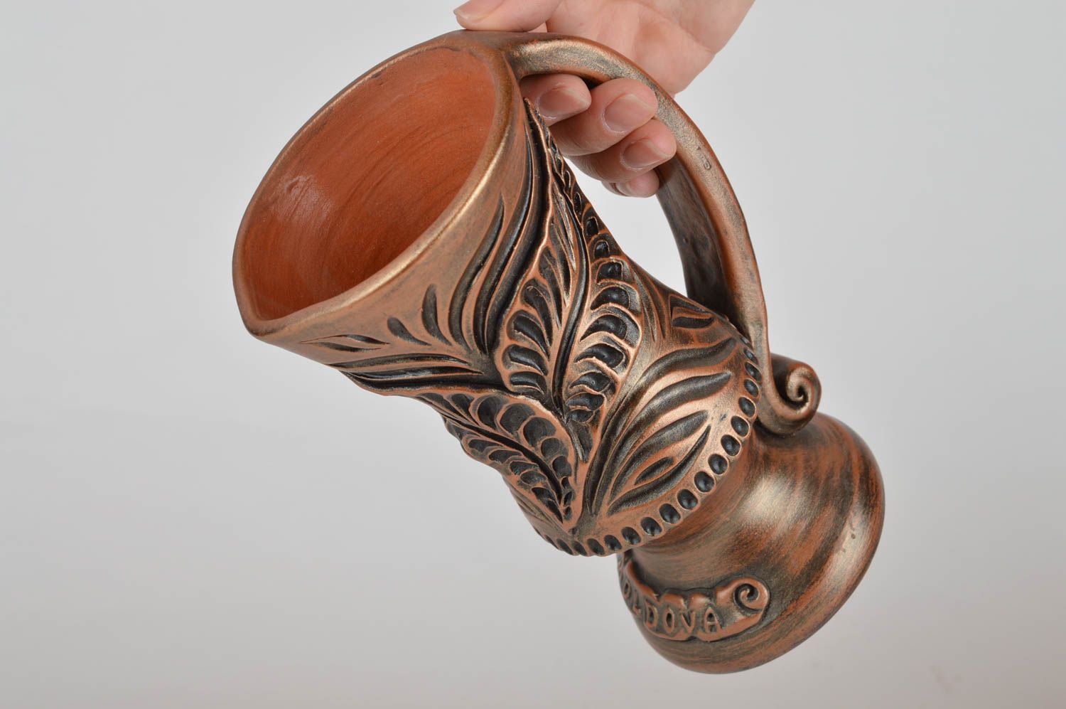 Beautiful homemade designer brown ceramic mug with patterns 300 ml clay glass photo 3
