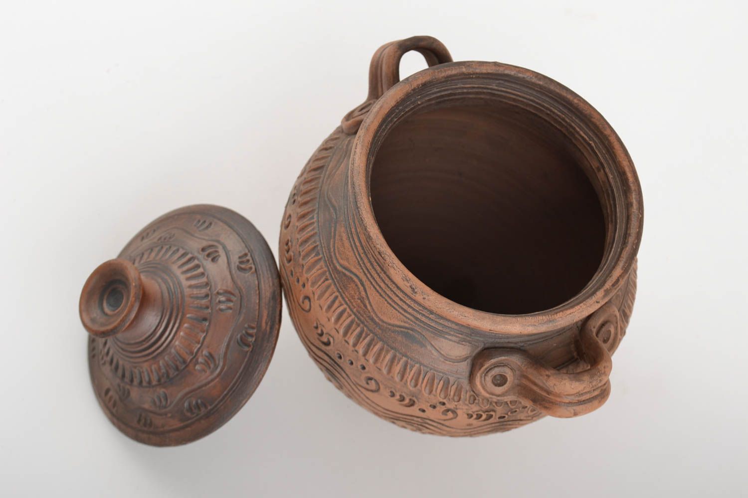 Beautiful unusual handmade molded clay pan 1 l ceramic pot for roasting photo 5