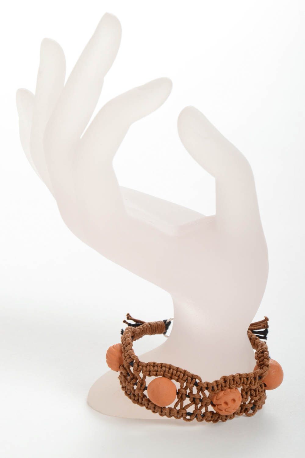Bracelet céramique Bijoux fait main avec cordon ciré brun Accessoire femme photo 3