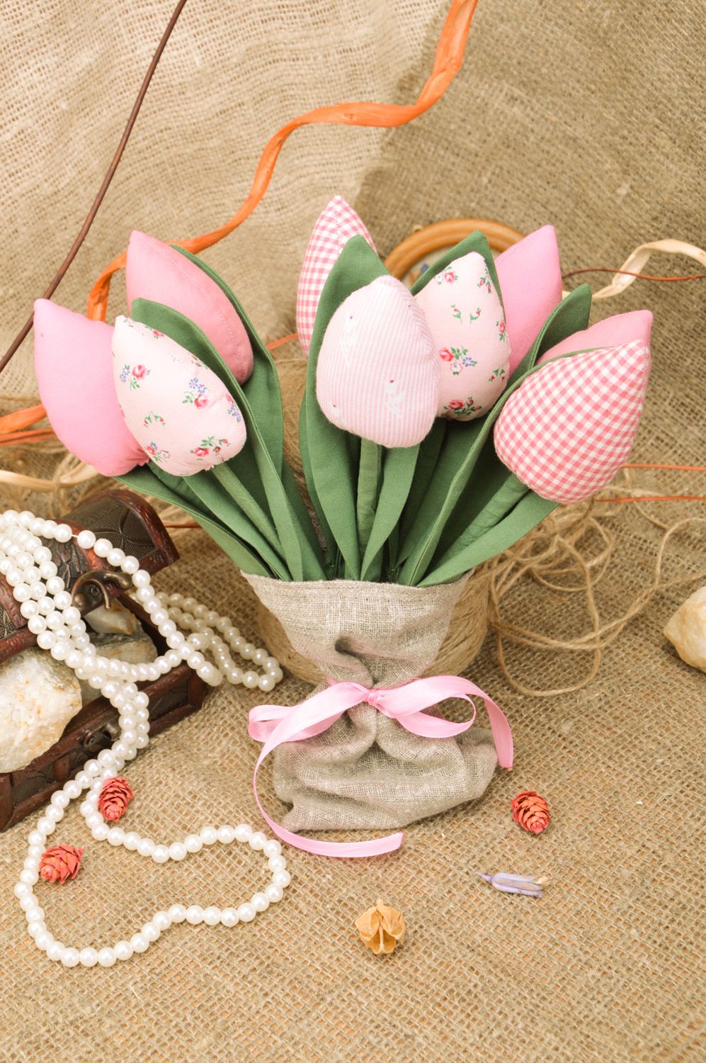 Bouquet of handmade tender pink artificial tulip flowers sewn of fabric 9 items  photo 1