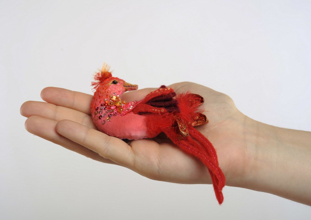 Brooch made of natural material Red bird photo 3